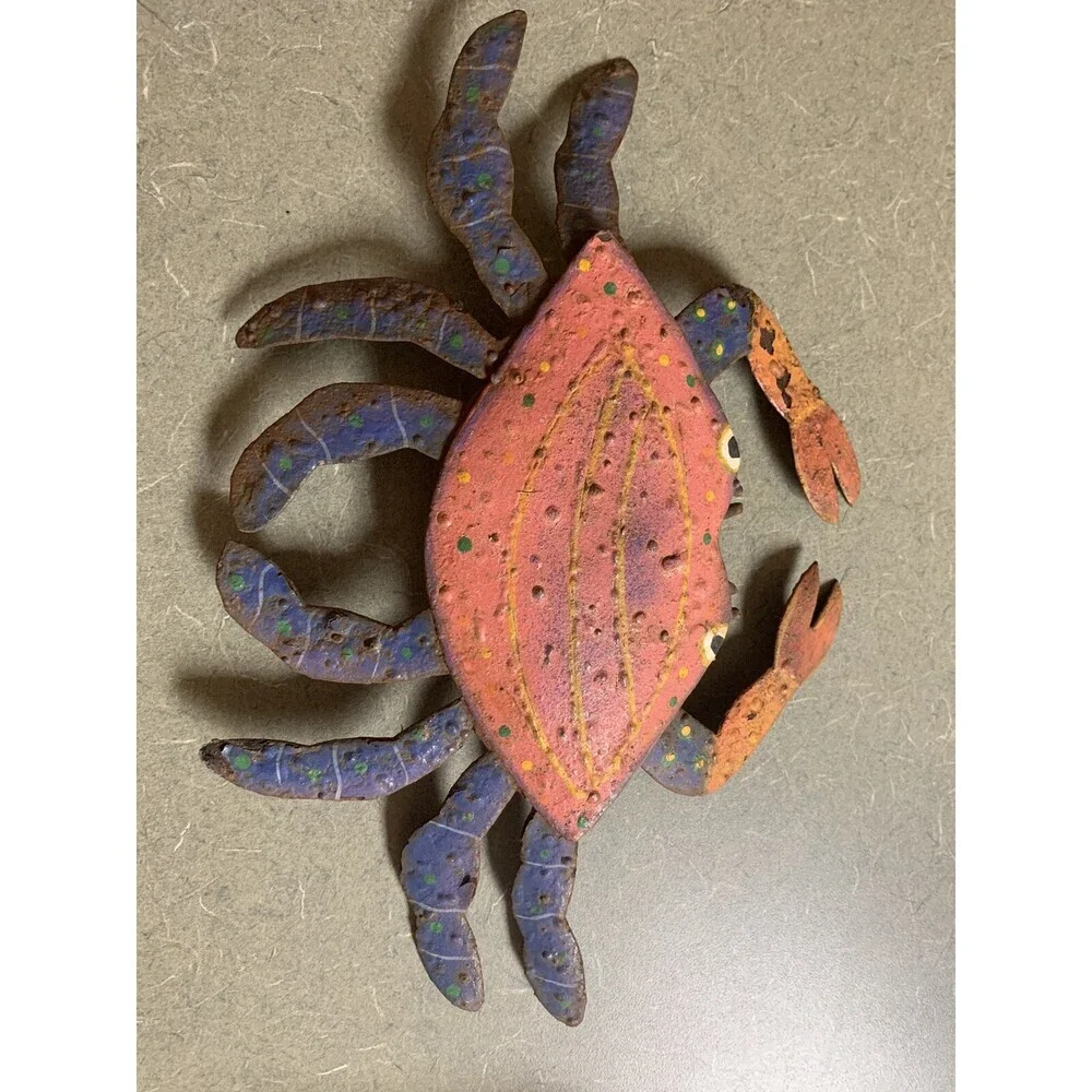 Rusty Metal Red/Blue/ Yellow Crab Wall / Porch Decor Approx 12”x 8”